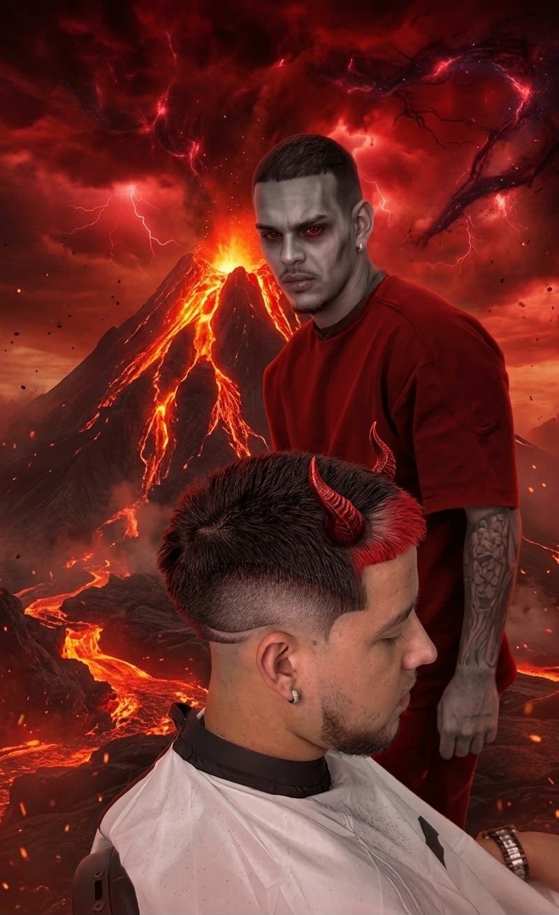 Félix caracterizado de demonio junto a un cliente con cuernos rojos, frente a un volcán en erupción